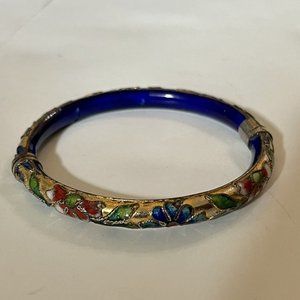 Vintage Cloisonné Blue Gold Floral Motif Enamel Hinged Bangle Bracelet